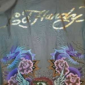 Ed Hardy Christian Audigier "kiss of death" grey button men's shirt